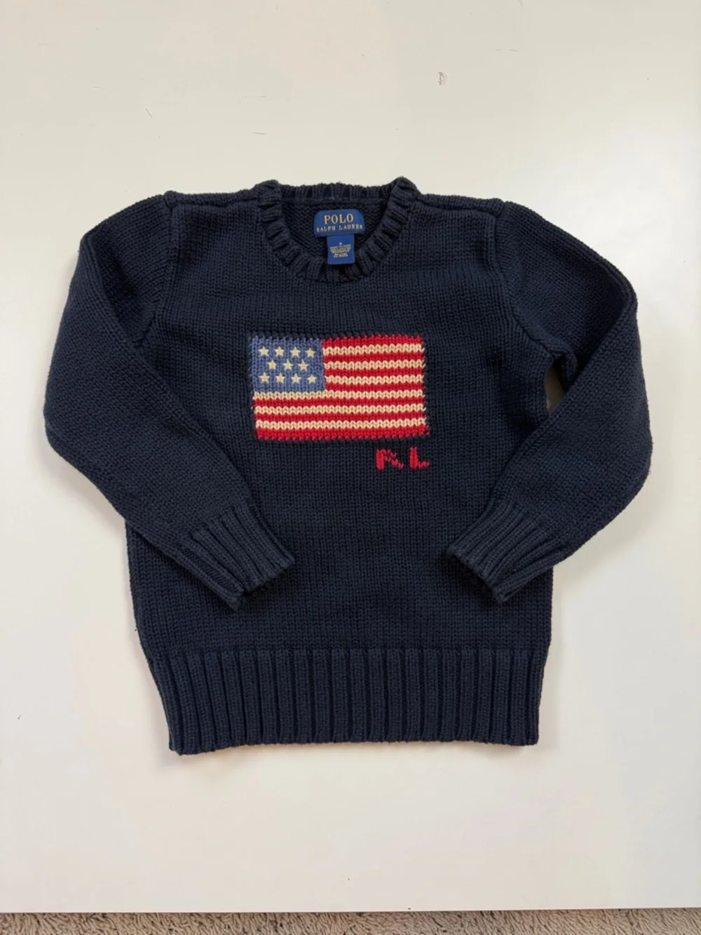 Polo by Ralph Lauren Navy Knit Crewneck Sweater with Flag Motif - Boys Size 6 - Picture 5 of 5